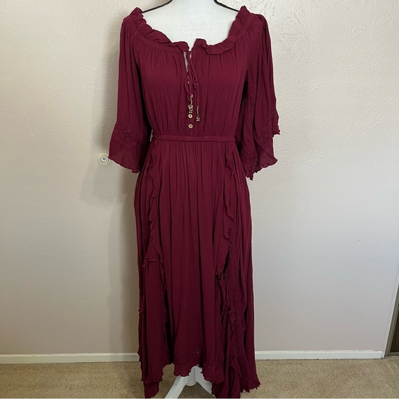 SOLD E Free People Endless Summer Beach Bliss Off Shoulder Maroon Maxi Dress - Picture 4 of 16